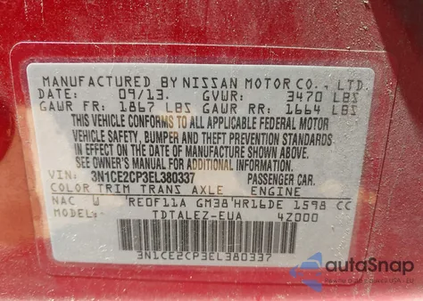 2014 Nissan Versa Note Sv z USA, uszkodzony, nr VIN 3N1CE2CP3EL380337